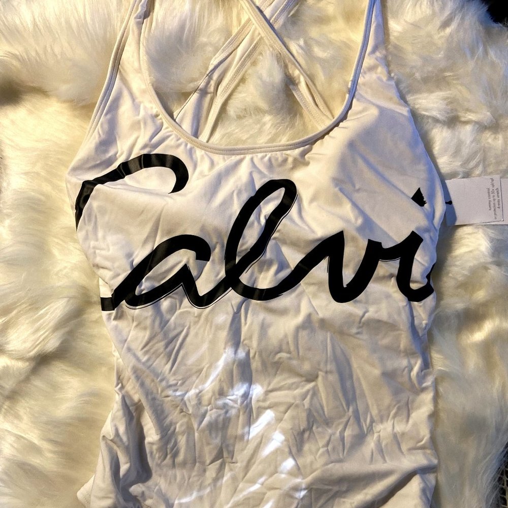 Calvin Klein cursive one piece swimsuit white. NWT